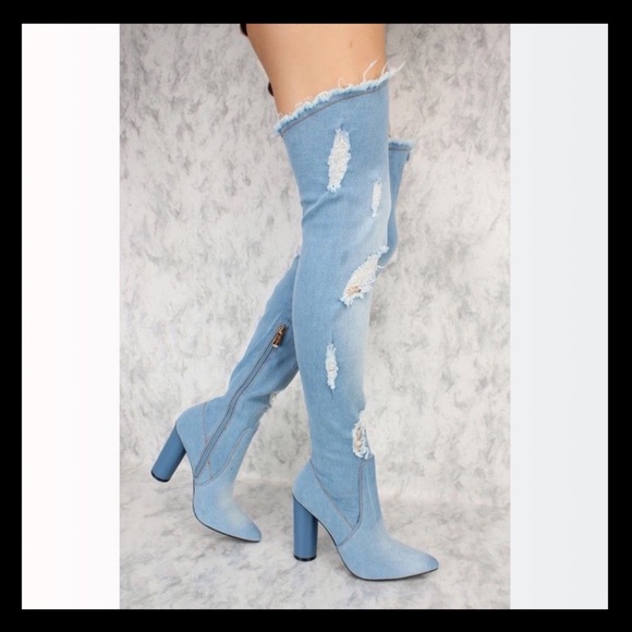 Cape Robbin Denim Distressed Thigh High Boots - Picture 4 of 6